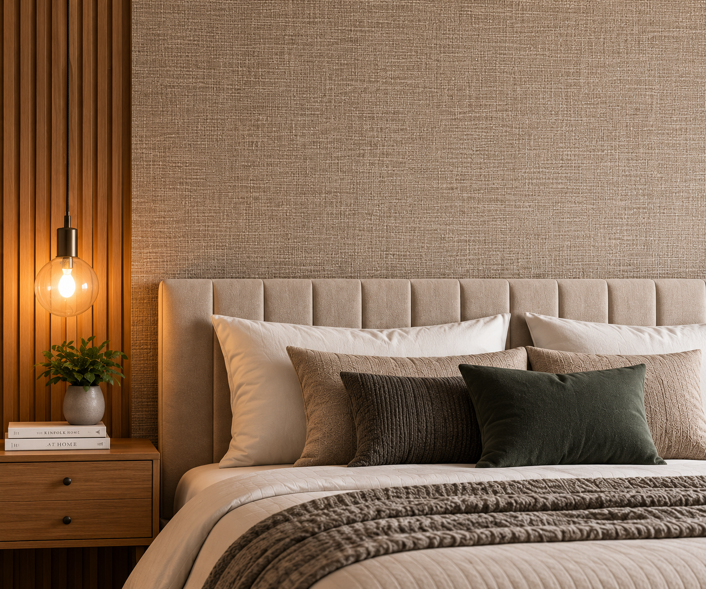 Papel de parede com textura natural em quarto decorado